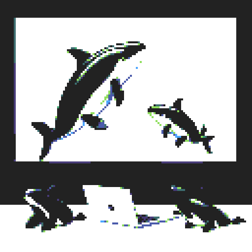 Three sleek black and white killer whales, focused and diligent at laptops