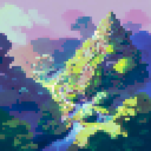 lush green trees, vibrant foliage, detailed pixelated landscape, intricate castle architecture, moss-covered stones, majestic turrets, sun rays filtering through leaves, medieval charm, pixelated skies, vibrant pixel art details, enchanting forest setting