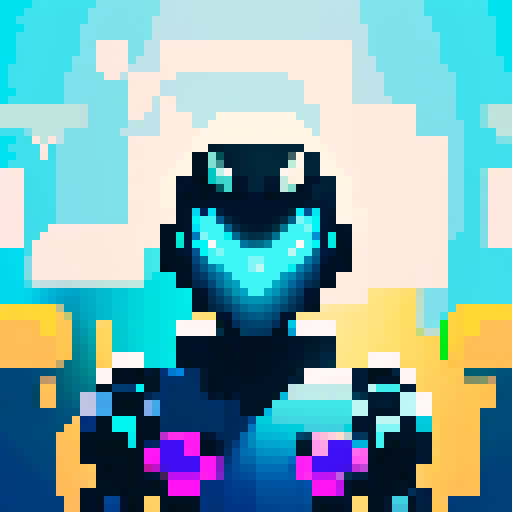 armour, pistol, pixel art, sRGB, vibrant colors, intricate details, retro aesthetics, blocky shapes, high contrast, sharp lines, metallic sheen, futuristic design, glowing highlights, dynamic poses, action-packed scene, dramatic lighting
