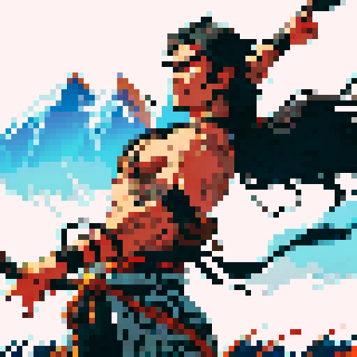 Pixel art of Kurupí, a muscular mythical creature with wild hair and a flexible lasso-like appendage, in Aboriginal Indigenous art style murals, featuring bold black and white patterns with tribal markings