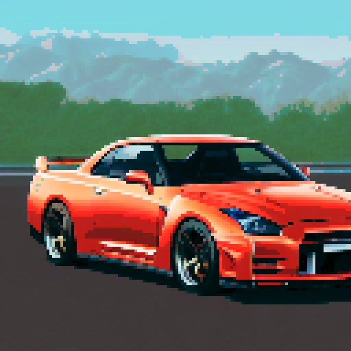 Photorealistic whole Nissan Skyline GT-R, three-quarter view, right front wheel, clean background, sRGB colors, pixel art style
