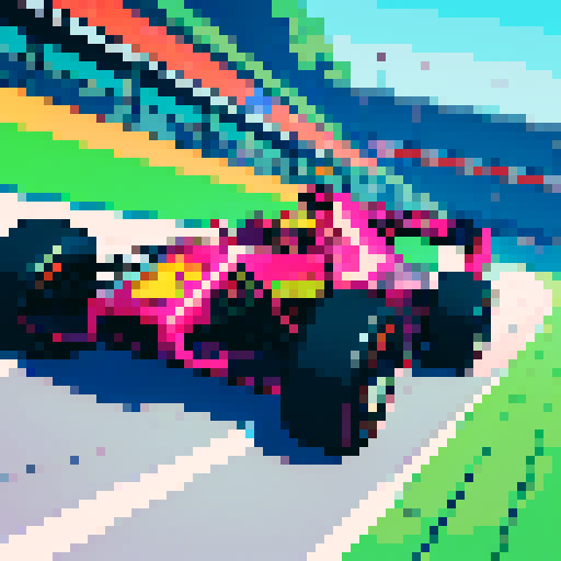Formula 1 driver, vibrant colors, dynamic lines, pixelated car, race track, high-speed motion, retro aesthetic, sRGB palette, pixel art style