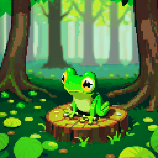 frog, vibrant green, sitting, moss-covered, forest floor, surrounded by towering trees, sunlight filtering through leaves, dappling the ground, pixel art, sRGB