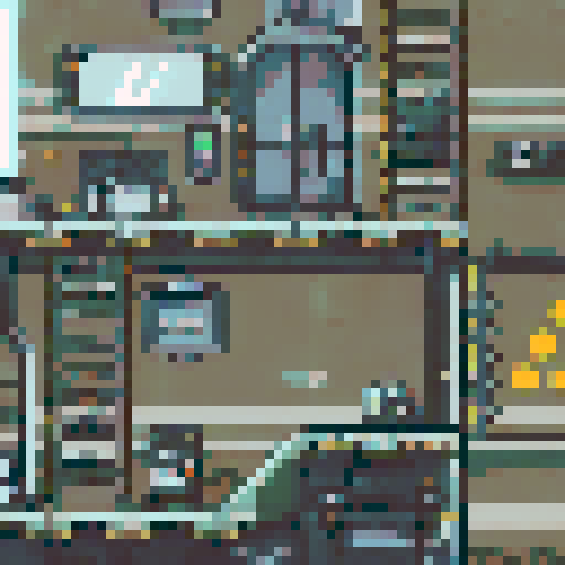 run-down, apocalyptic atmosphere, pixel art, inside of a Futuristic robot factory, sRGB, pixel art, background, landscape, dilapidated machinery, sparks flying, smog-filled air, towering metal structures, cracked concrete floors, flickering neon lights, rusted conveyor belts, broken windows, shattered glass, discarded robot parts, overgrown vines, eerie shadows, abandoned control panels