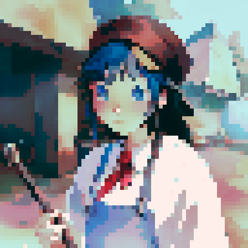 Profile picture, a young girl, rounded face, blue eyes, short black hair, white shirt, beige hat, red neck ribbon, holding an incense stick, dark night time in the forest background, midnight, dark forest