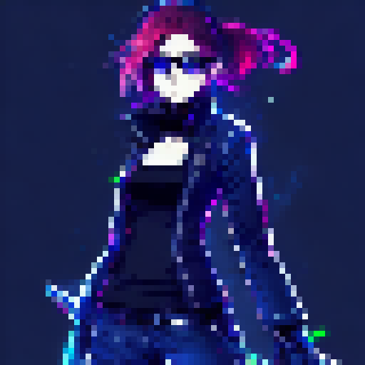 waifu, glasses , red hair , anime style, full body, with sword, blue and black neon background