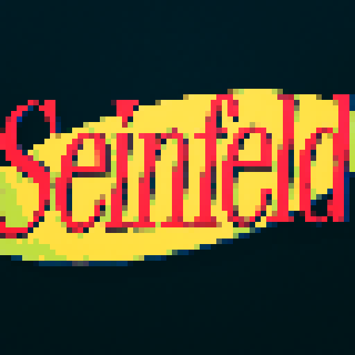 Seinfeld, iconic logo, vibrant colors, retro feel, pixelated characters, sRGB