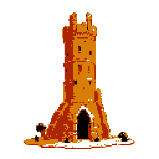 2d Red clay tower in an ancient english style. Old and crumbling but still upright. Usable as an asset (clear, thick lines and a white background). Put a black stroke around the composition