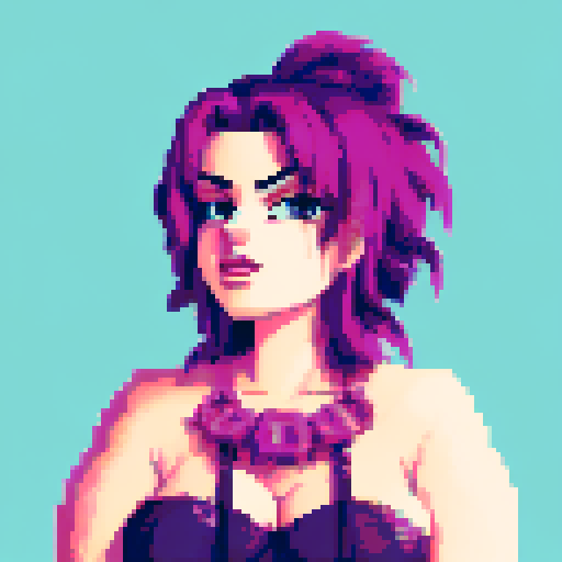 Plus size busty goth girl, with long purple hair, eyeliner, red lipstick. wearing a halter top and spiked collar. Posing for a up close face portrait. vibrant sRGB colors, pixel art, edgy aesthetic