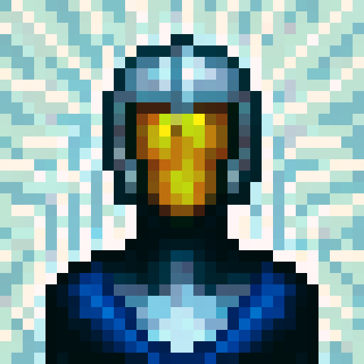 silver color helmet, shiny metallic surface, intricate engravings, glowing blue accents, sharp edges, detailed reflections, pixelated design, vibrant colors, glossy finish, small size, compact shape, dynamic composition, high contrast, realistic shadows, intense lighting, dramatic perspective