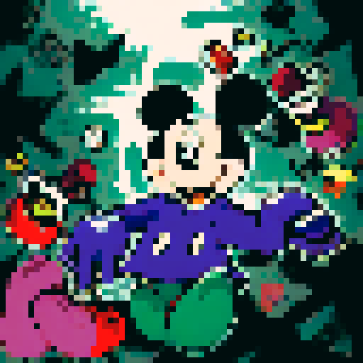 mickey mouse, purple hoodie sweatshirt, green pants, green gloves, character portrait, close up, anime style, smoking joint, pixel art