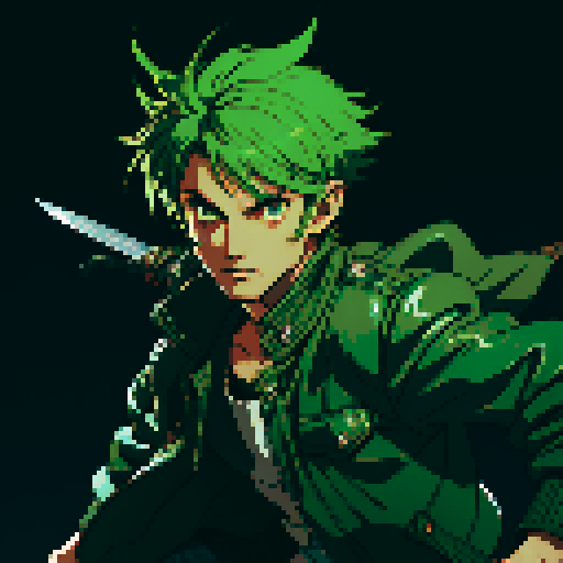 male character, green hair, holding two knives, space pirate, brown leather jacket, retro video game style, pixelated details, no background, dynamic poses