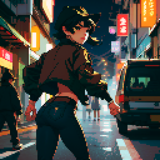 Night Thai urban street light background, Thailand, young girl, short black hair, small mouth, brown jacket, black jeans, small hips, beige hat, running, turn back, far view from the back