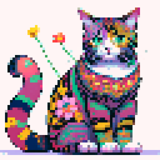 sitting, very colorful cat, with dots, flowers, patterns, white background