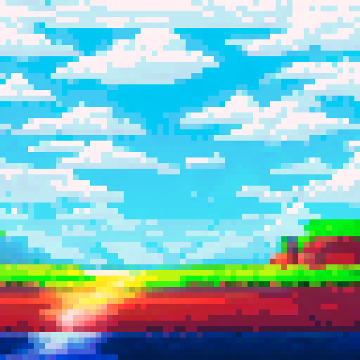 Clouds floating across a transparent sky, creating a parallax scrolling effect in a pixel art landscape with a vibrant sRGB color palette