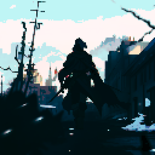Final fantasy tactics detail soldier walking towards war torn city with a panzer faust on his back and a rifle in his hand. A Squad Mate of his is looking towards him in background, he has a cape on and a hood. City has snow on it. Colorful but not to bright of colors. 