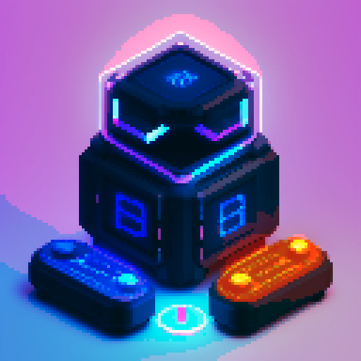 futuristic 4 tier lootbox, glowing buttons, silver box center, intricate details, pixel art style, sRGB