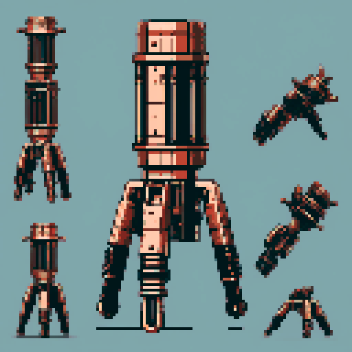 I want a tall vertical copper structure reminiscent of a minigun. It should have strange mechanical details that could interlock with each other. I also want this object usable as an asset in a videogame, meaning only one object per image, outlined with a strong black stroke, on a solid-color background.