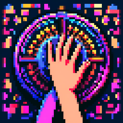 hand pushing medieval button, illuminated by a vibrant palette, showcasing intricate pixel art details in an sRGB color space