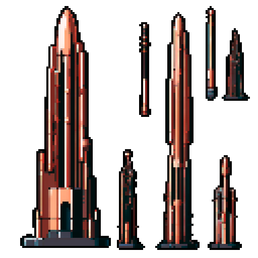 I want a tall vertical copper structure reminiscent of a organ pipe. It should have strange mechanical details that could interlock with each other. I also want this object usable an asset in a videogame, meaning only one object per image, outlined with a strong black stroke, on a solid-color background.
