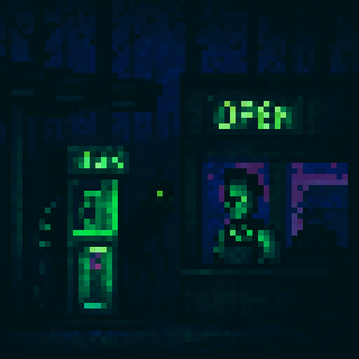 "Create a 16-bit pixel art scene of a creepy gas station at night, inspired by Tales from the Gas Station. Include a neon-lit gas pump, a flickering 'Open' sign, and a dark, eerie forest background. Feature a tired clerk in an apron behind the counter and a shadowy, cryptid-like customer with glowing eyes. Use a moody palette of neon greens, purples, dark blues, and blacks. Style: retro, detailed, spooky yet humorous, 32x32 pixel resolution."

