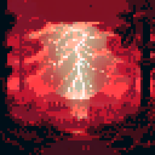 Hauntingly tall trees with twisted branches and glowing eyes peering out from the darkness, looming clouds with flashes of lightning, and a thick fog creeping across the pixelated moonlit landscape