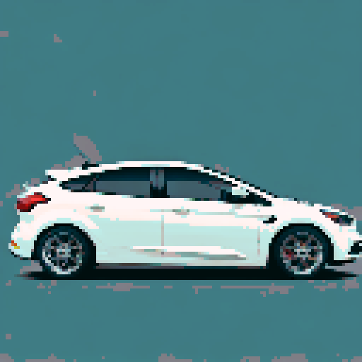 Photorealistic, centered Ford Focus in a three quarter view, right wheel in front, clean background, pixel art style with sRGB colors
