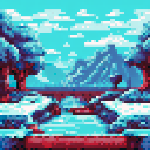 8-bit winter background with lots of sky with colour #29B5E8. Mountains, trees and snow.