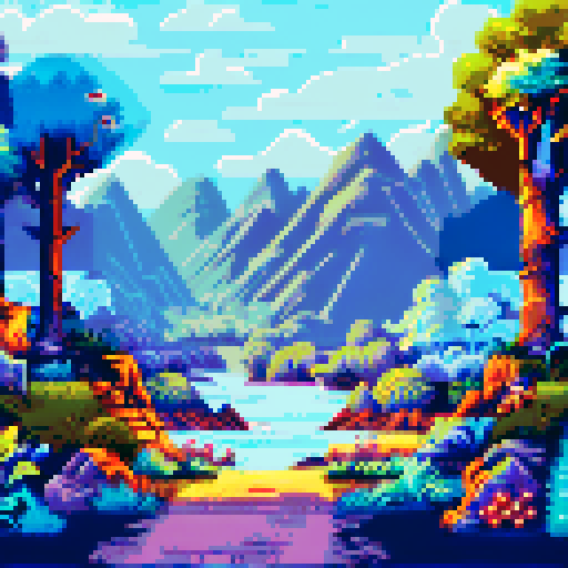 Muted colors, pixel art, sRGB, background, landscape, serene forest, towering mountains, tranquil lake, gentle ripples, soft clouds, distant horizon, delicate flowers, dappled sunlight, hidden pathway, nostalgic ambiance