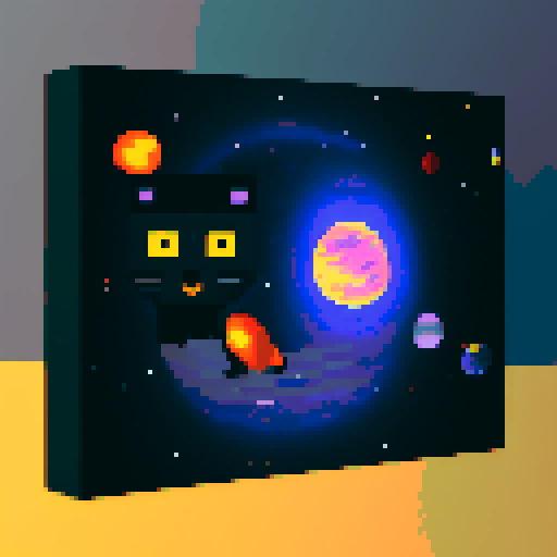 black cat with orange eyes, wandering through galaxies and space, surrounded by planets and comets