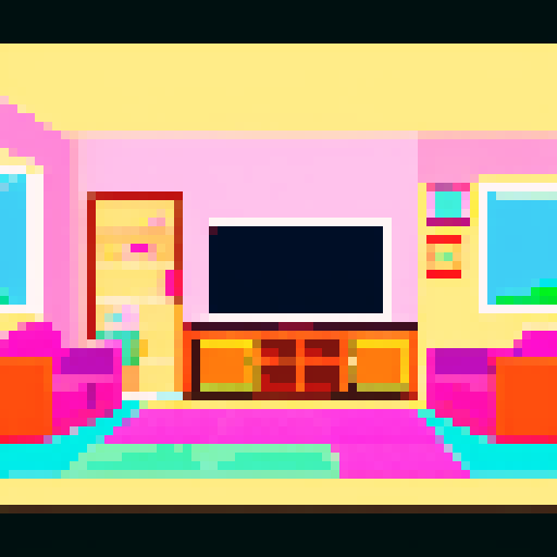 cozy living room, widescreen TV, colorful pixelated carpet, retro 8-bit aesthetic