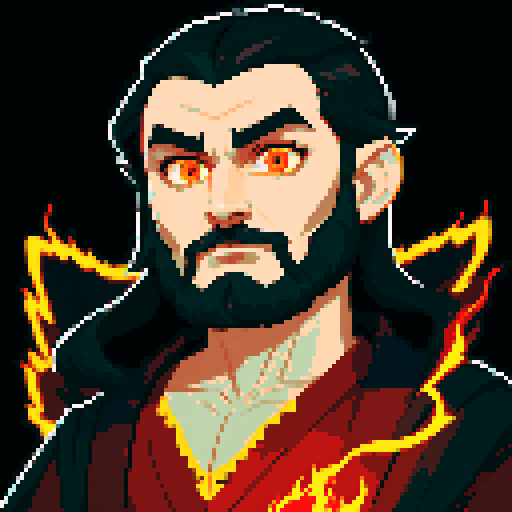 Dark Evil Male Wizard with black hair and bright eyes, wearing a red and black robe with golden-trimmed lining, conjuring a blazing fireball in a fantasy RPG style