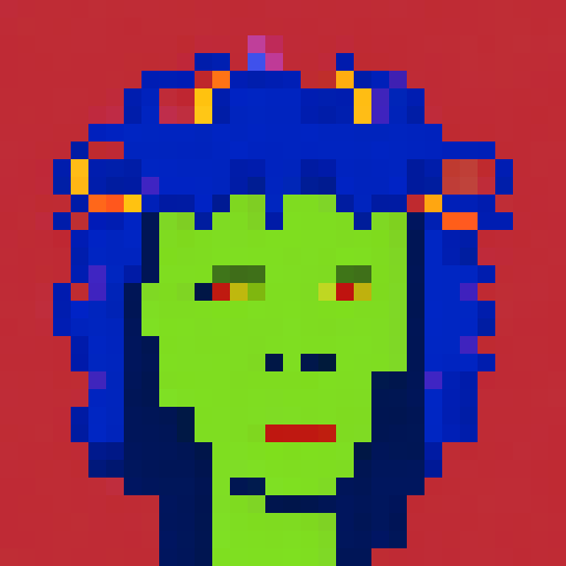 bull with large, curved horns, crypto punk character wearing a vibrant, futuristic avatar, depicted in a close-up, 32x32 pixel art portrait, showcasing intricate details with a vibrant sRGB color palette