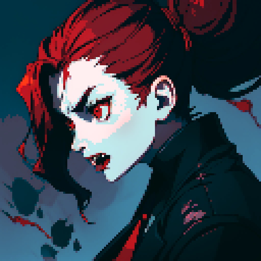 vampire with sharp fangs, pale skin, red eyes, biting neck, blood dripping, dramatic shadows, limited color palette, pixelated details