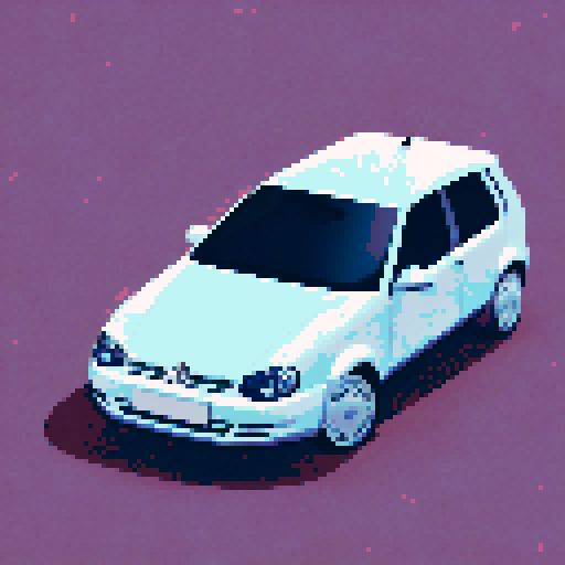 Pixel art Volkswagen Golf car, centered, three quarter view, solid white background, no background details