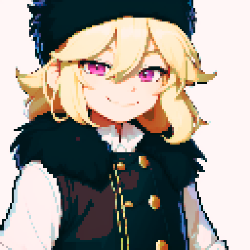 Solo male with perfect anatomy, straight-on, inframe, facing viewer, with round pupils, light blonde hair between eyes, wearing an ushanka hat with a black fur collar, a black vest, puffy sleeves, and black elbow gloves, his light pink eyes looking at the viewer, smile, in a pixel art style with sRGB colors, half closed eyes, best quality, stylised chibi,