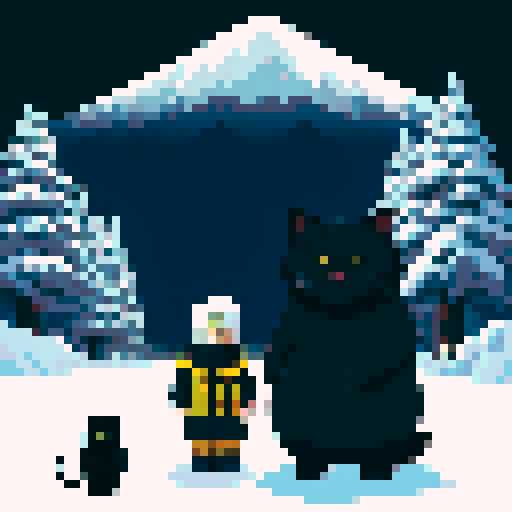 Hatake Kakashi with a black cat with yellow eyes on his shoulders in between towering, snowy mountains