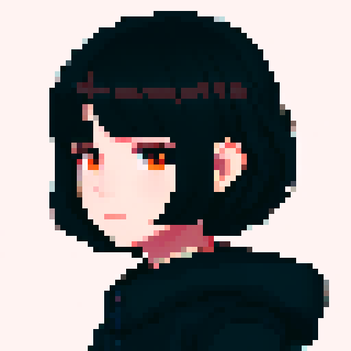 portrait, sprite art, young shy woman, cozy, cute, dark hair, dark eyes, neutral, curious