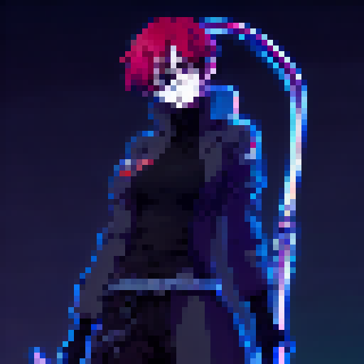 waifu, glasses , red hair , anime style, full body, with sword, blue and black neon background