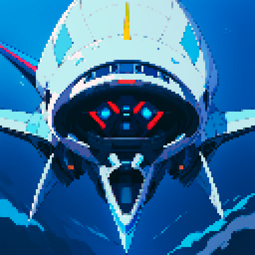 futuristic spaceship, topview, sleek and streamlined, hovering mid-air, dark blue colors, sRGB aesthetic, pixel art
