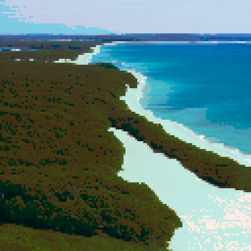 Breeze Bay Island is a small piece of land surrounded by clear ocean waters. It is shaped like a peninsula, framed by dense green trees, creating a dense forest cover.

The white sandy beach stretches along the coast, forming a natural promenade. The sand is soft and warm to the touch, inviting you to walk on it barefoot. In the distance, small dunes can be seen rising above the sandy coast.

The trees surrounding the islet create a dense green wall, behind which lush thickets of leaves and flow