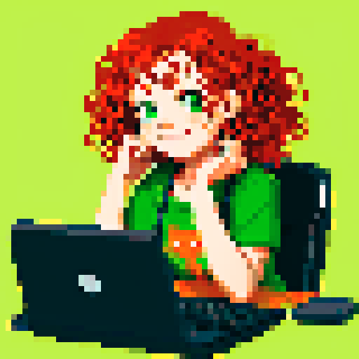 cute, curly redhead with green eyes, grey cat sitting next to her, smiling, sitting at a gaming desk, pixel art, sRGB