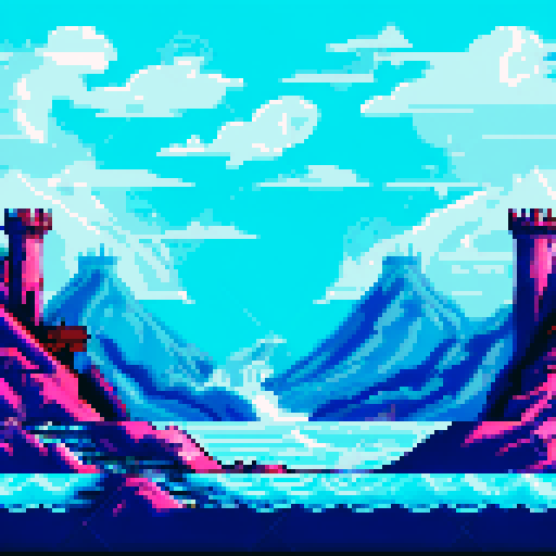 stormy sea, waves, icy castle with two towers in distance, clouds