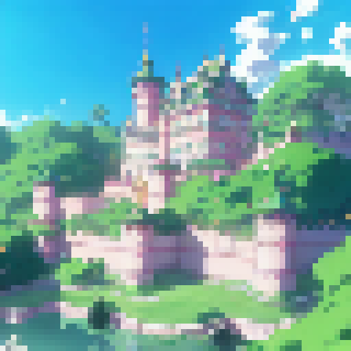 Regal princess, golden crown, fluttering butterflies, delicate cherry blossom petals, lush green garden, castle in background, all in anime style.