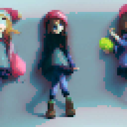 a girl in a beanie, striped tights, a blue skirt and a red sweater