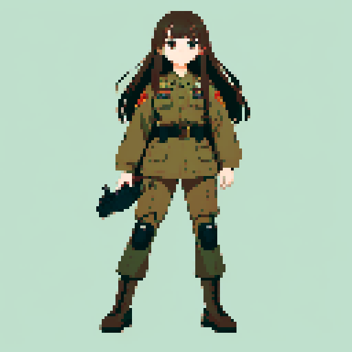 young girl, large round eyes, brown hair, brown eyes, wearing combat army uniform, a full-body standing pose, clean and detailed, game icon, centered composition, beautiful girl, long flowing hair, detailed eyes, slim figure, soft smile, round face, like Japanese anime