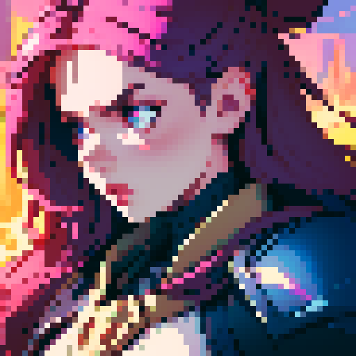 strong, busty, pixelated tavernkeeper woman portrait with non-vibrant colors, emphasized facial features