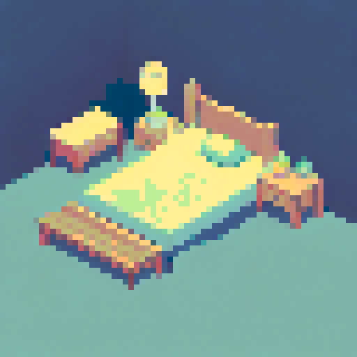 isometric view of a bedroom with a bed, a dresser, a desk with a laptop. a window, a table and chairs