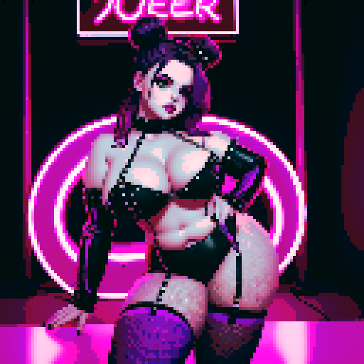 Thicc, curvy, busty goth babe with studded collar, long purple hair in buns, fishnet stockings, studded halter top, posing for photo in nightclub.  neon signage, sRGB
