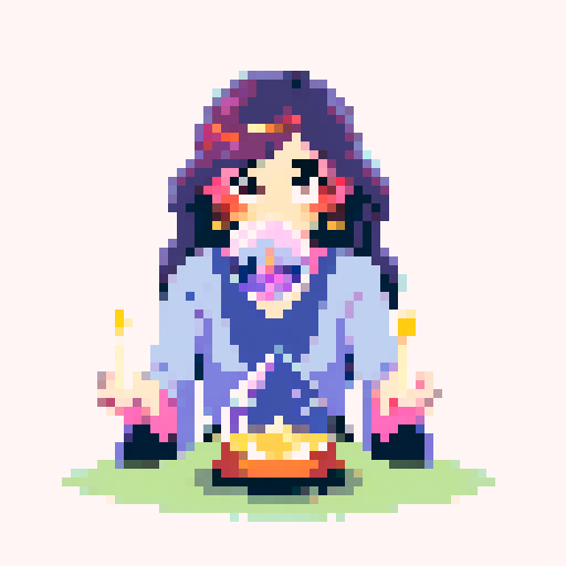 Colorful Illustration of a charming young witch with a boho vibe, reading a crystal ball, viewed from the client's perspective, mystical atmosphere with candles and herbs